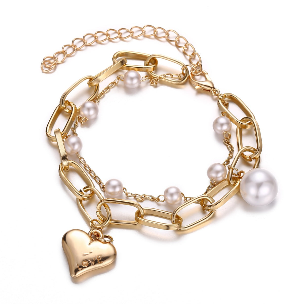 Double-layer Paperclip Pearl Chain Bracelet