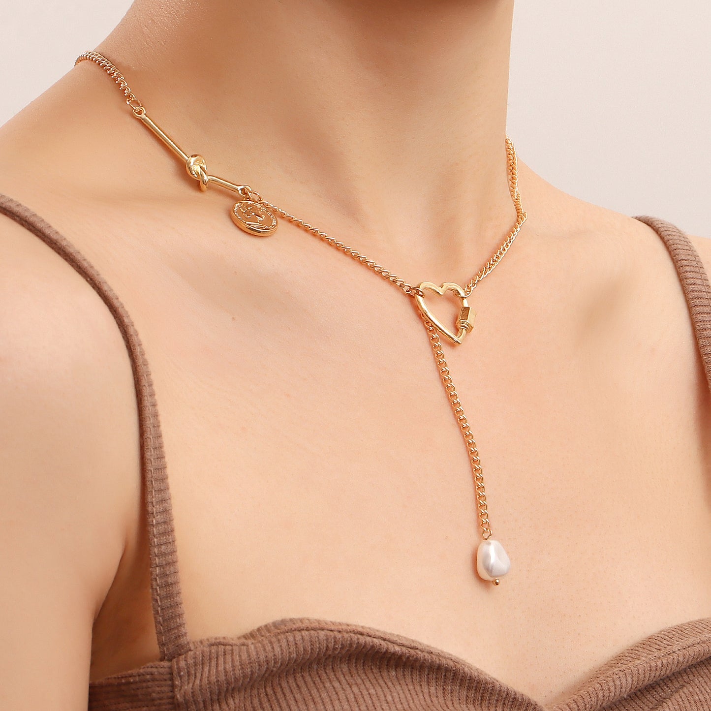 Pearl Drop Hollow Heart Pendant Necklace